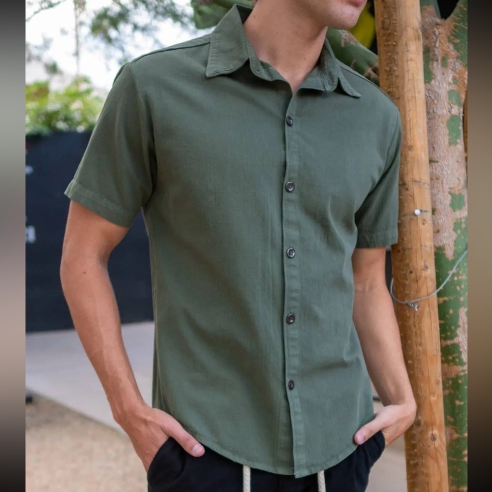 Herringbone Button Up Shirt - Olive